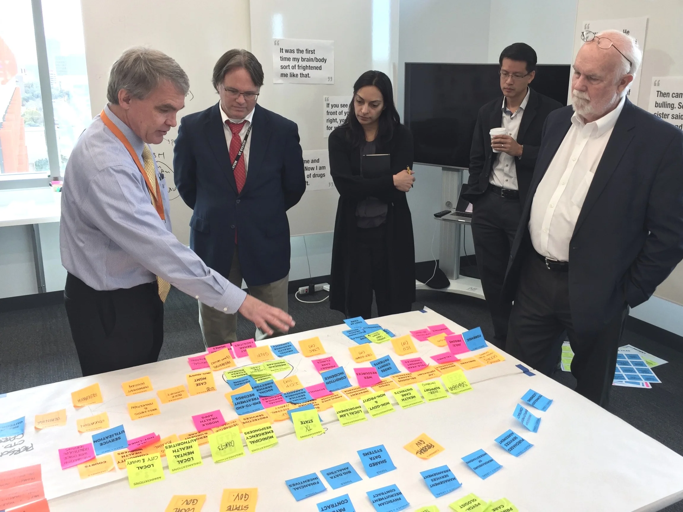 Stephen Strakowski discusses options in a workshop with Steering Committee members David Lakey (second from left) and David Evans (right) and systems designers from the Design Institute for Health.
