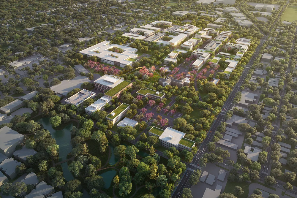 Concept rendering from the master plan of a future vision for the Austin State Hospital Campus, reimagined as more than a hospital, but a platform for the entire continuum of care for a brain health system. Image created by Page/ for Dell Medical School.